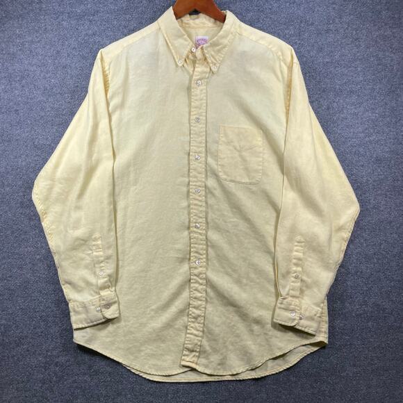 Brooks Brothers Button Down Linen Dress Shirt Men's Large Yellow Formal Church - Picture 1 of 11